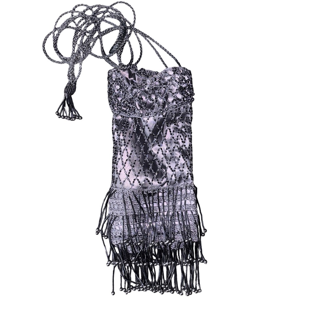 Vintage Style Metallic Silver Beaded Fringe Crochet Drawstring Evening Bag Pouch